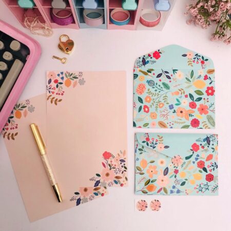 Kit Papeis de Carta com Envelopes La Palomita Floral Turquesa